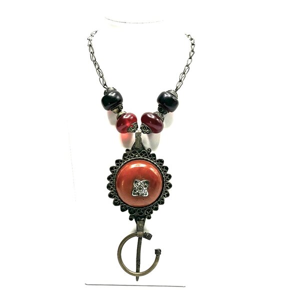Vintage Berber Copal & Resin Fibula Necklace—North African Statement Piece — GUC